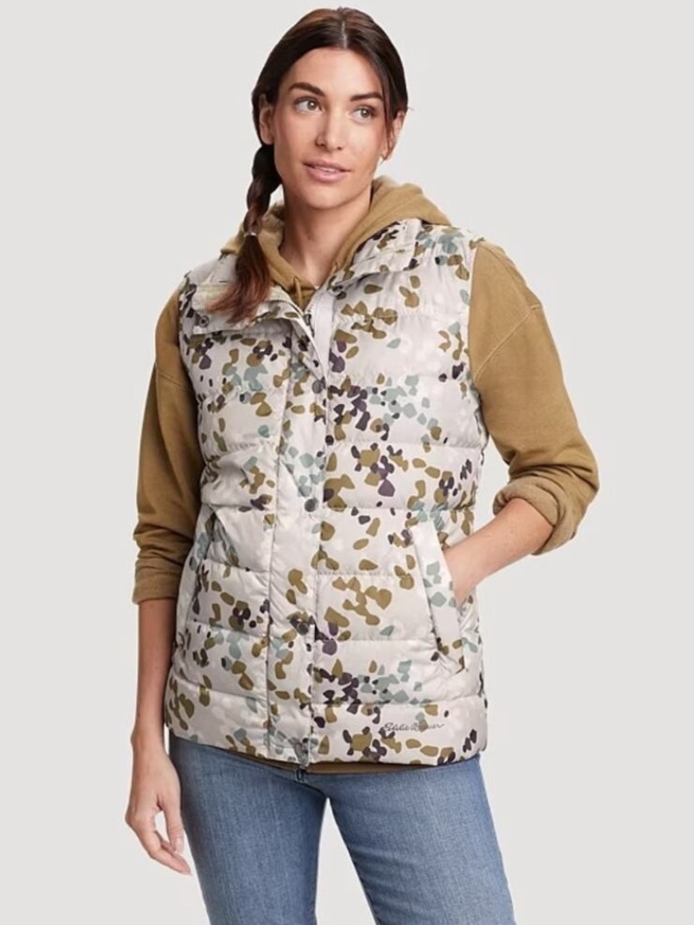 Eddie Bauer StratusTherm Ecru Print Down Puffer Vest Pockets Full Zip Women's L